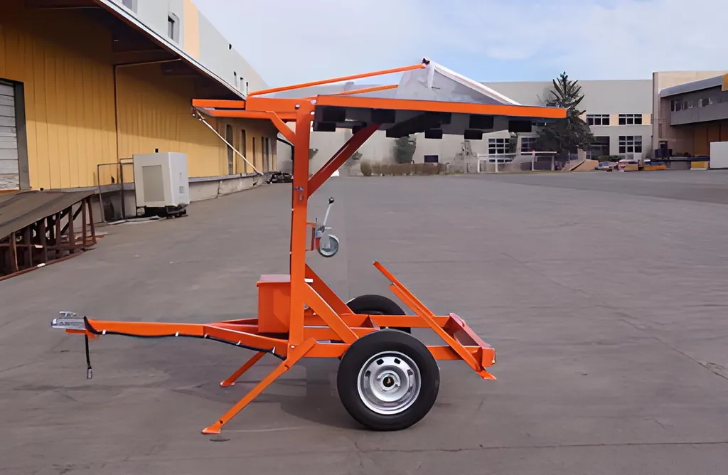 Carro flecha LED TEC-CF15-5 de estructura naranja con su panel desplegado y rueda de transporte.