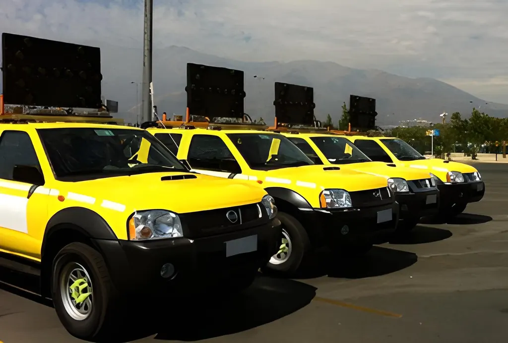 Flota de camionetas amarillas TECGVIAL con letreros LED montados, formadas en el patio de la empresa.