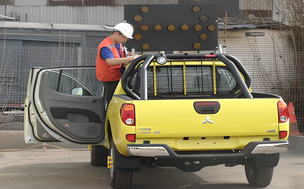 Letrero luminoso LED TEC-1130 montado sobre la tolva de una camioneta, con un operario ajustándolo.