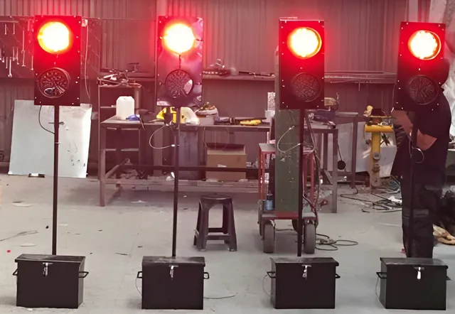 Cuatro semáforos portátiles con la luz roja encendida, alineados en el taller durante las pruebas.