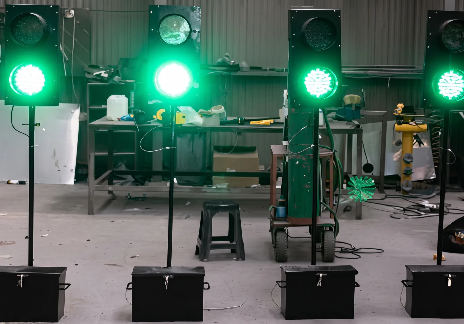 Cuatro semáforos portátiles con la luz verde encendida, alineados en el taller durante las pruebas.