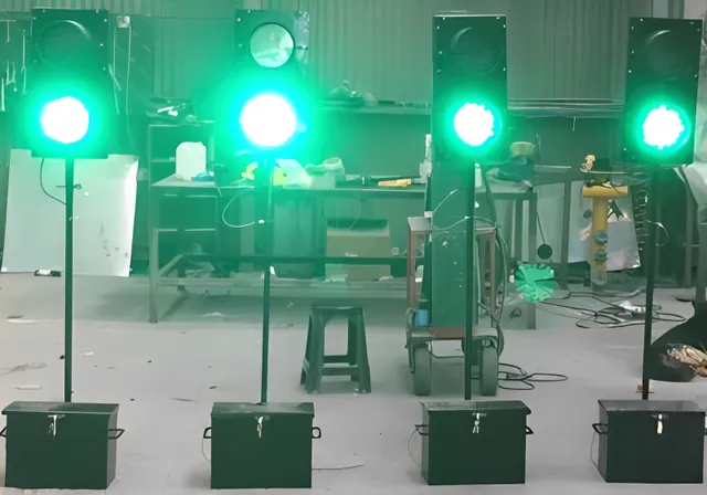 Cuatro semáforos portátiles con la luz verde encendida, alineados en el taller durante las pruebas.