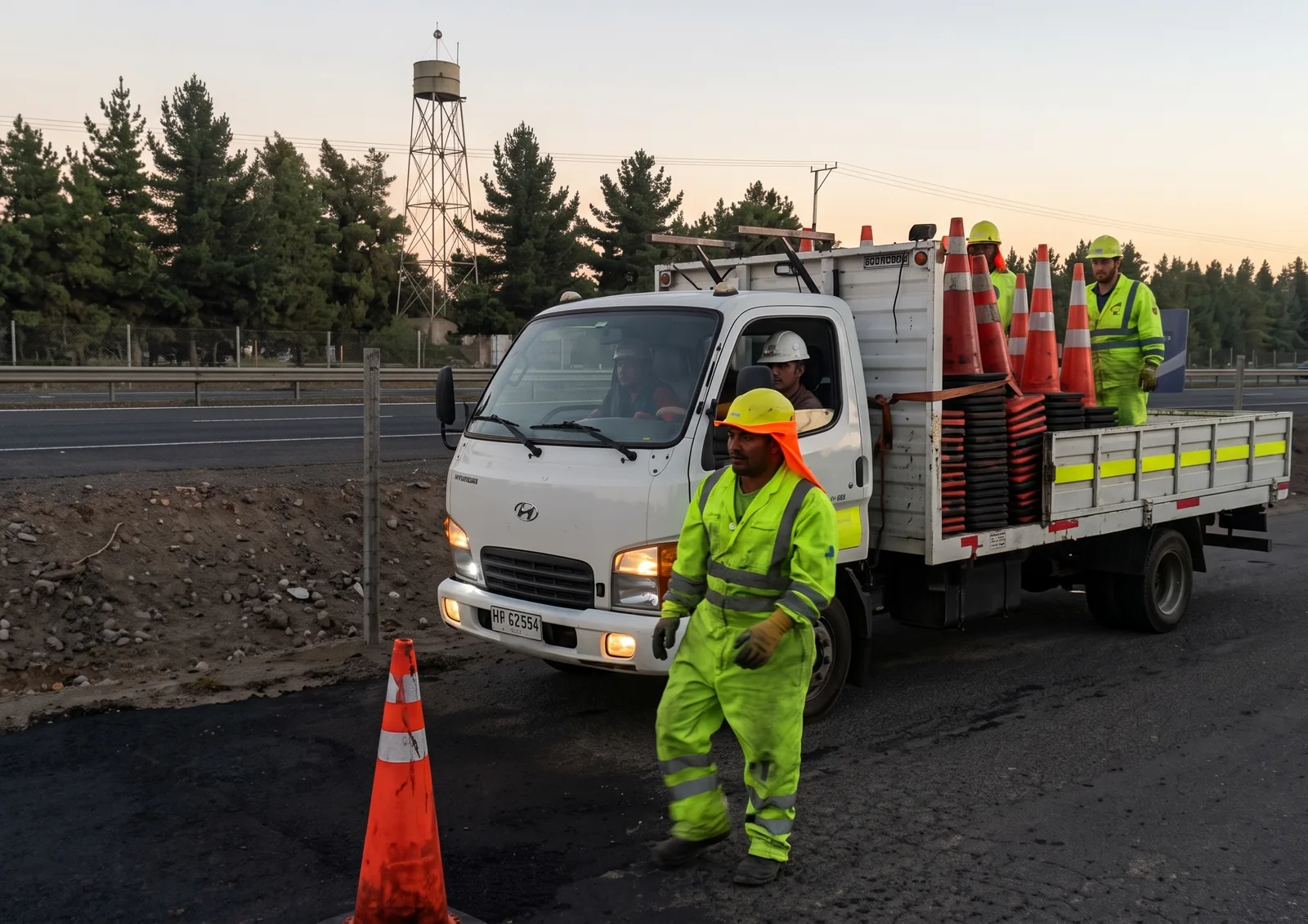Operario cargando conos de seguridad a un camión al atardecer, durante el retiro de una faena vial.