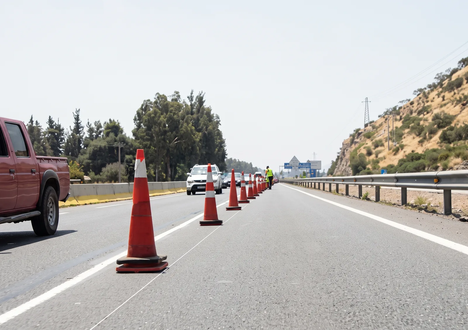 Cierre de pista con conos naranjos sobre una carretera de doble calzada, con vehículos circulando por la pista habilitada.