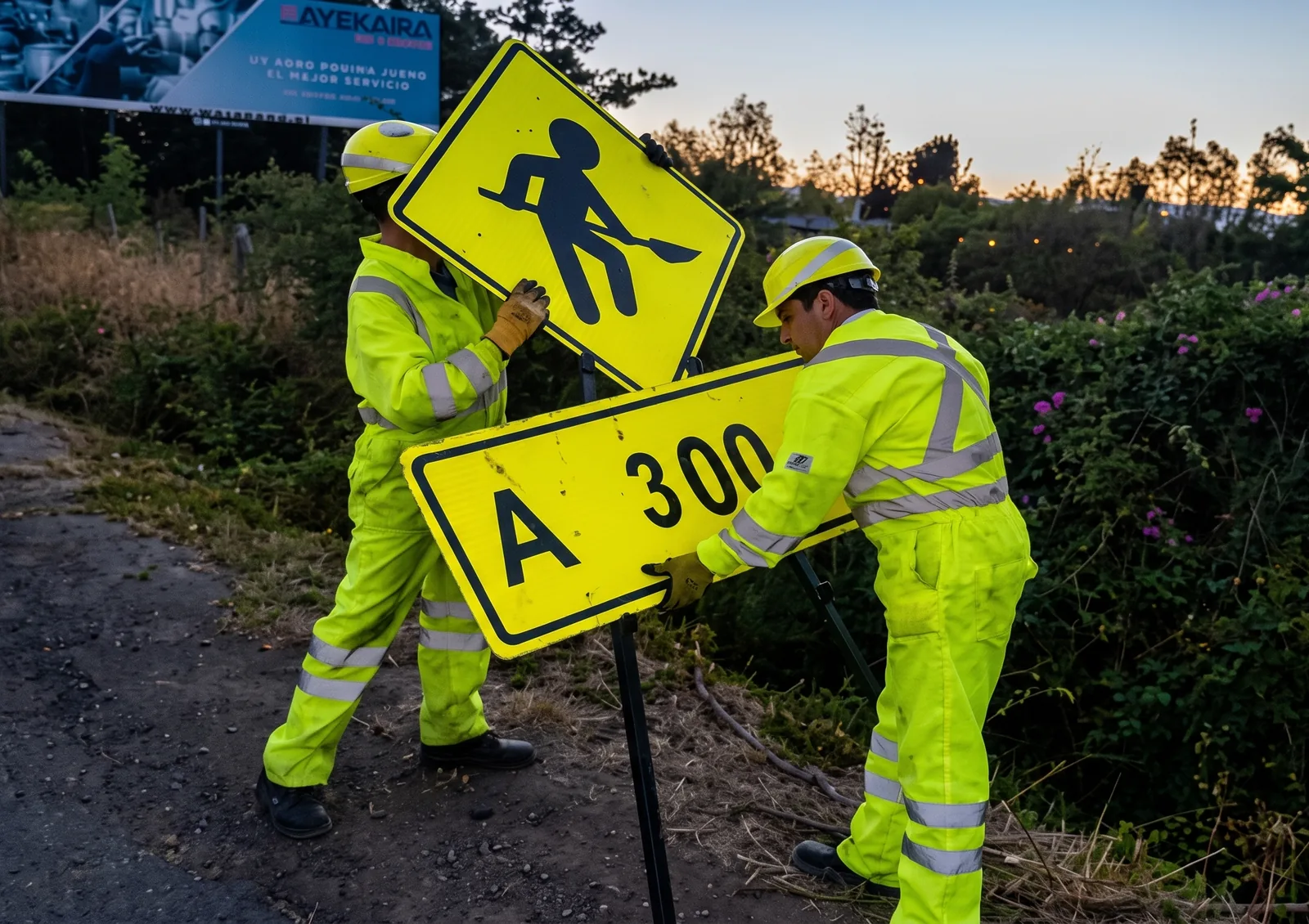 Dos operarios con ropa reflectante instalando una señal vial de cruce peatonal a la orilla del camino.